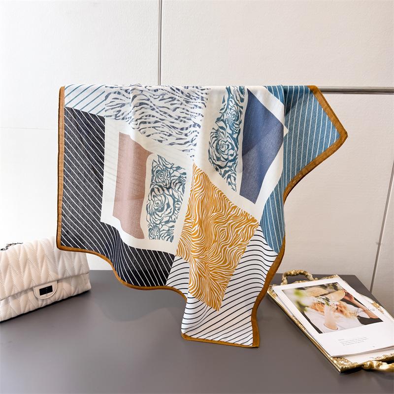 Geometric contrasting herringbone pattern cotton and linen small square scarf silk scarf imitation velvet headscarf shawl sun protection scarf women's