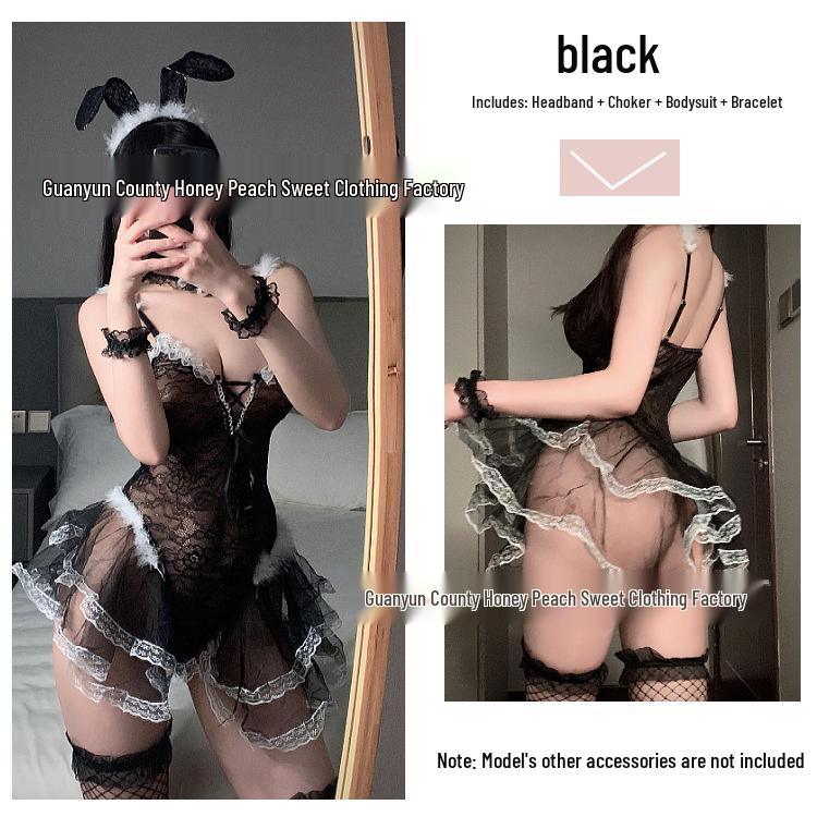 Alluring Bunny Girl Lace Lingerie Bodysuit - See-Through, Open Crotch Christmas Temptation