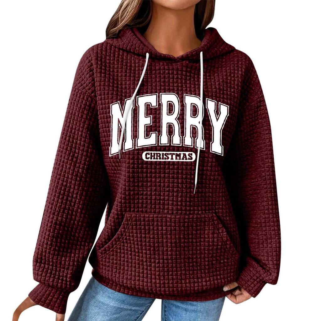 Women's Fashion Loose Hooded Pullover Long Sleeve Plaid Sweatshirt With Drawstring, Drop Shoulder, Pocket, Christmas Print Top