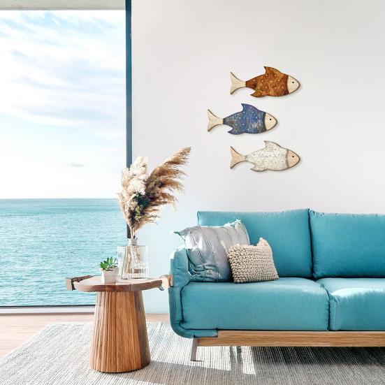 3Pcs/Set Wooden Fish Wall Decor Coastal Wall Art Fish Rustic Fish Wall Art Decoration for Bathroom Bedroom Ocean-Themed Room Lake House
