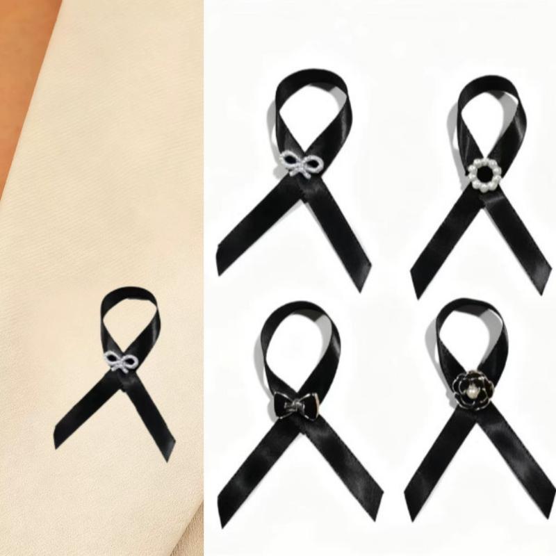 3Pcs Black Memorial Funeral Ribbon With Bow Camellia Pins Brooch Gifts For Funeral Party Armband Mourning Event Remembrance