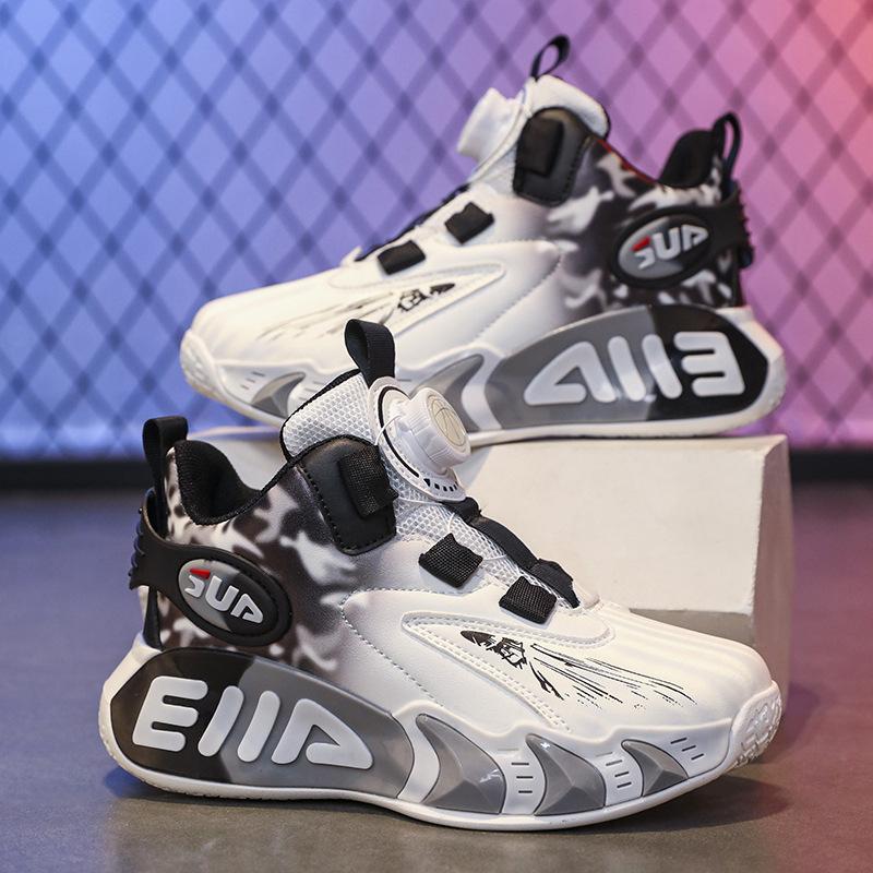 Children's Basketball Shoes Boys Spring and Autumn Leather New White Mesh Button Sneakers Friction Sound Running Shoes