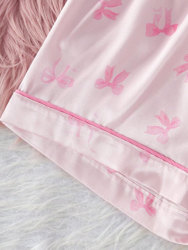 Teen Girls Silky Satin Bow Print Pajama Set Pink Piping Lapel Short Sleeve Top & Shorts Cool Elegant Summer Loungewear Sleep Outfit for 13-16Y