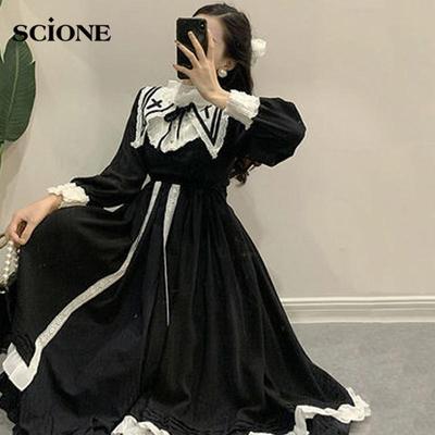 Gothic-Kleid, Lolita-Rock, Retro-Hepburn-Stil, kleines schwarzes Kleid, Herbst-Revers, gekräuselt, großer Rock, langärmeliges Prinzessinnenkleid