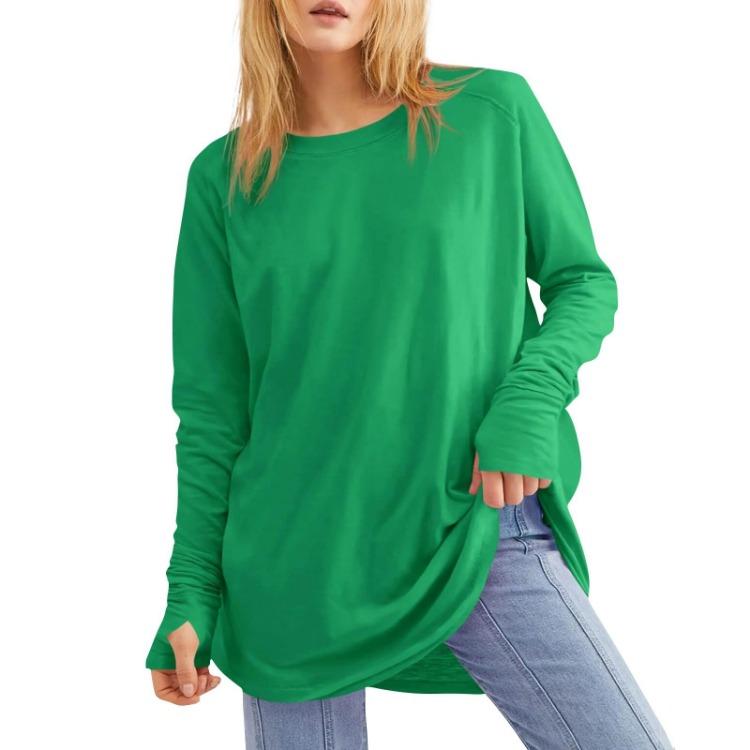 Loose Long Sleeve T Shirt Women Solid Round Neck Medium Top Thumb Hole