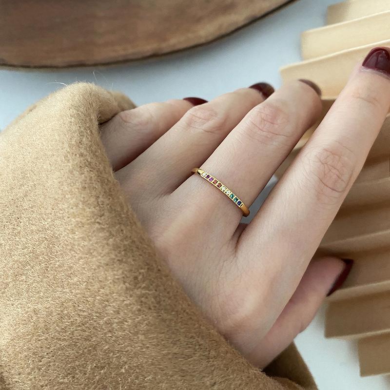 European and American Light Luxury Rainbow Color Diamond Ring  Women Exquisite and Fashionable Titanium Steel Ring Versatile Commuting Ring