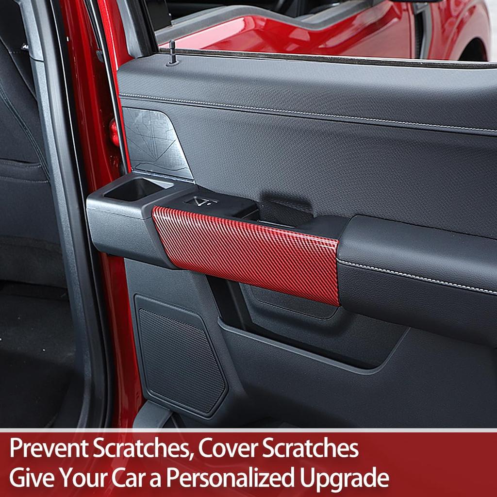 Interior Upgrade Accessories Rear Door Inner Handle Panel Trim Cover Sticker Protector for Ford F150 Raptor 2021 2022 2023 2024 2025 Red Carbon Fiber
