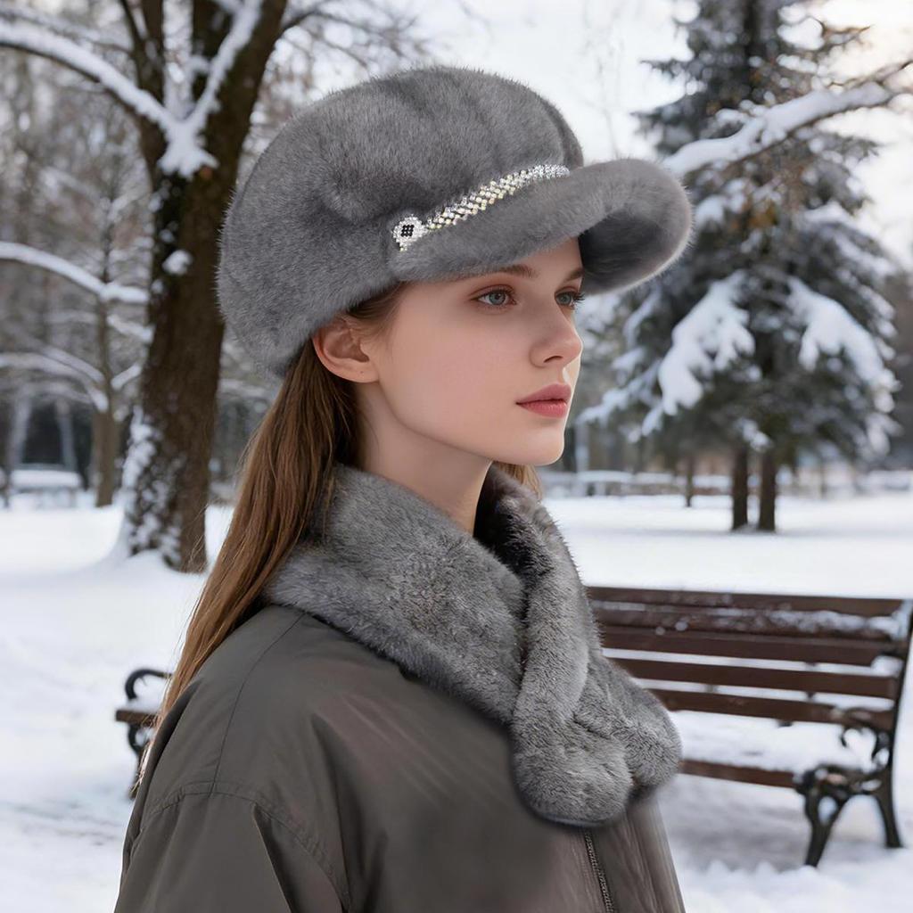 Luxury Faux Mink Fur Beret with Visor for Women, Winter Hat&Scarf Set,Outdoor Peaked Beret with Rhinestone Embellishment