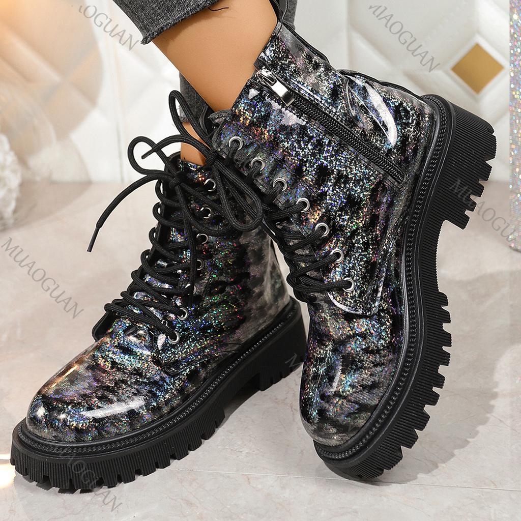 Fashion Women's Boots 2025 Autumn New British Style Thick Bottom Bright Leather Single Shoes Casual Middle Heel Round Head Lace-up Botas