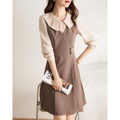 2023 Autumn French Patchwork Contrast Lapel Two-Piece Dress for Women