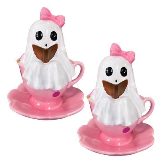 1/2Pcs Halloween Reading Ghost Figurine Pink Teacup Ghost Statue Resin Sculpture Home Office Holiday Party Desktop Decoration Ornament