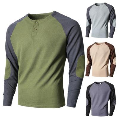 Spring Fall Men Top Regular Fit Colorblocked Long-Sleeve T-Shirt Buttoned Round Neck Patch Decor
