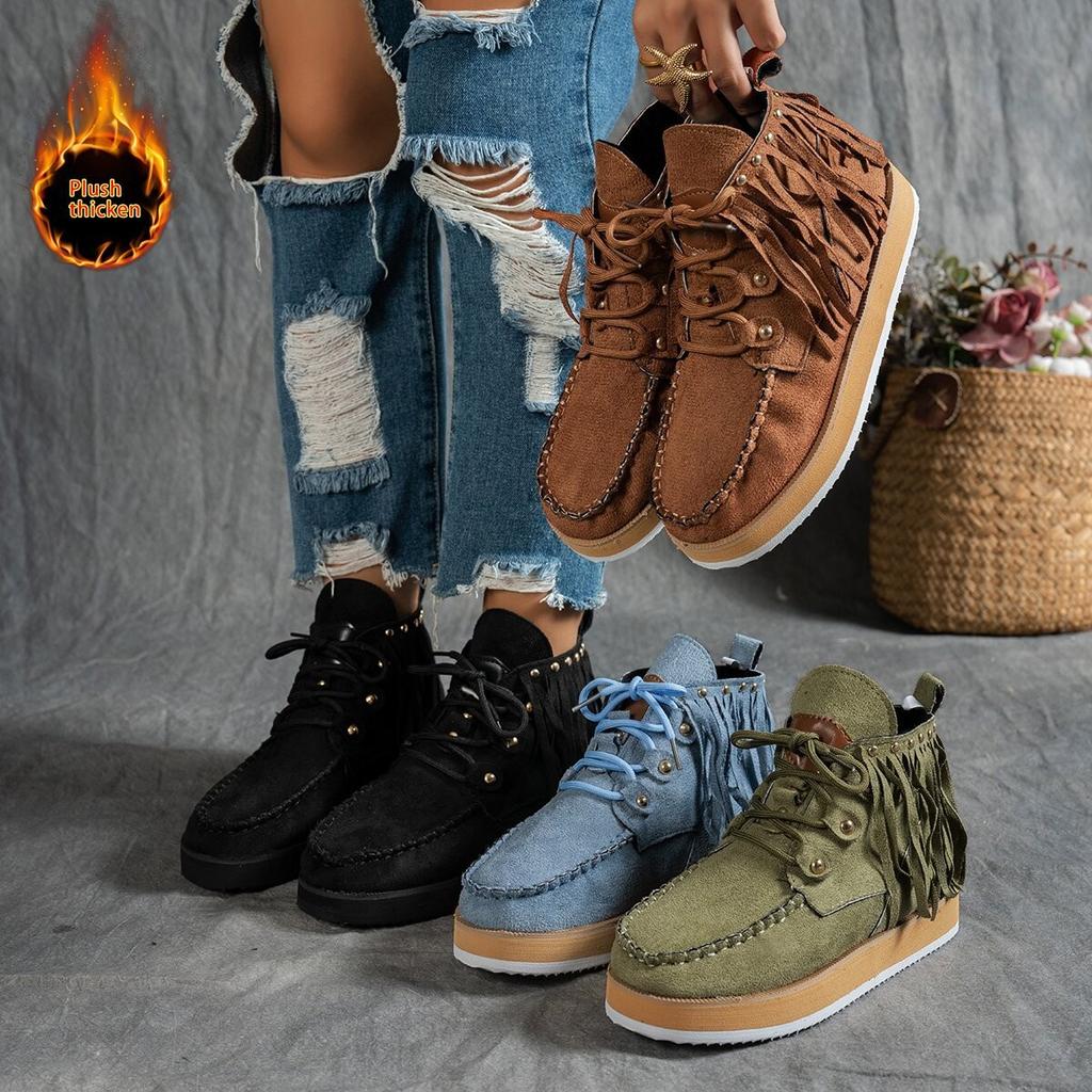 Modische neue runde Zehenpartie, bequeme dicke Sohle, rutschfeste, lässige kurze Stiefel, Winter Wildleder Übergröße Reiterstiefel für Damen