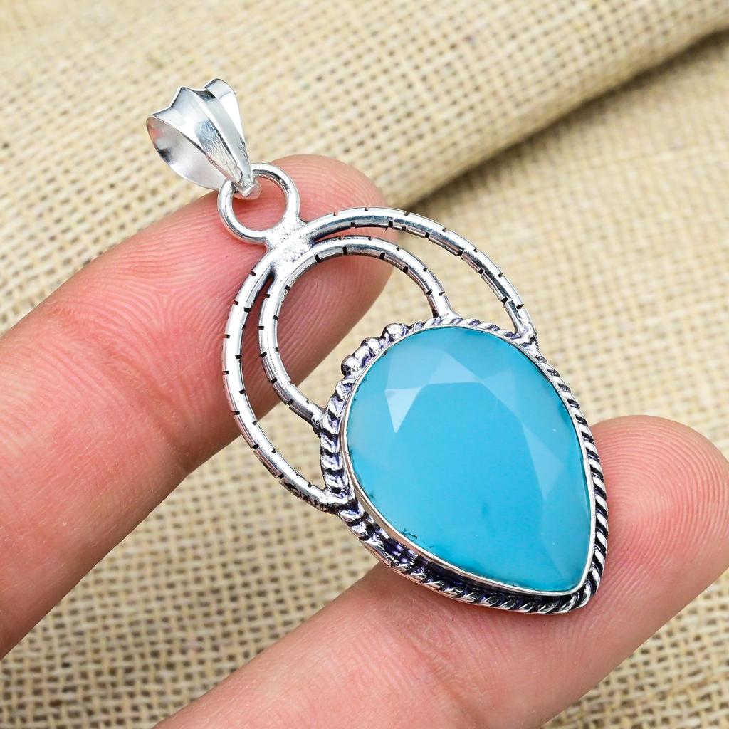 Blue Chalcedony Gemstone 925 Solid Sterling Silver Jewelry Pendant Necklace Gift For Mom