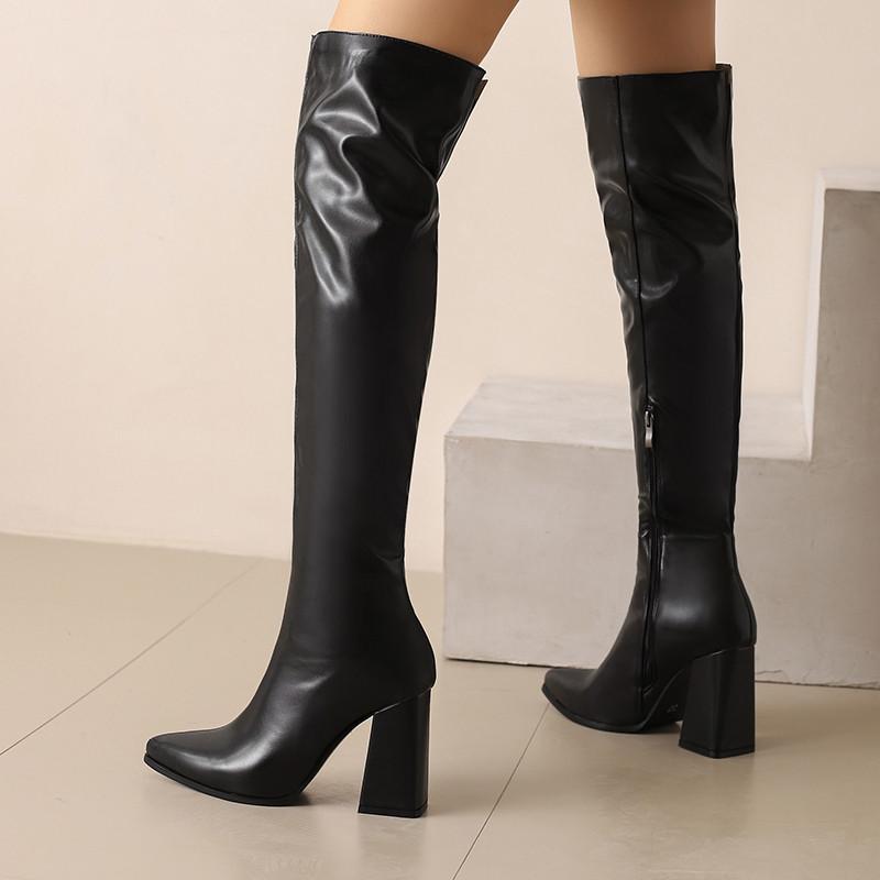 Women's High Heel Boots Autumn and Winter New Simple Everything with Solid Color Thick Heel Large Size Over the Knee Boots