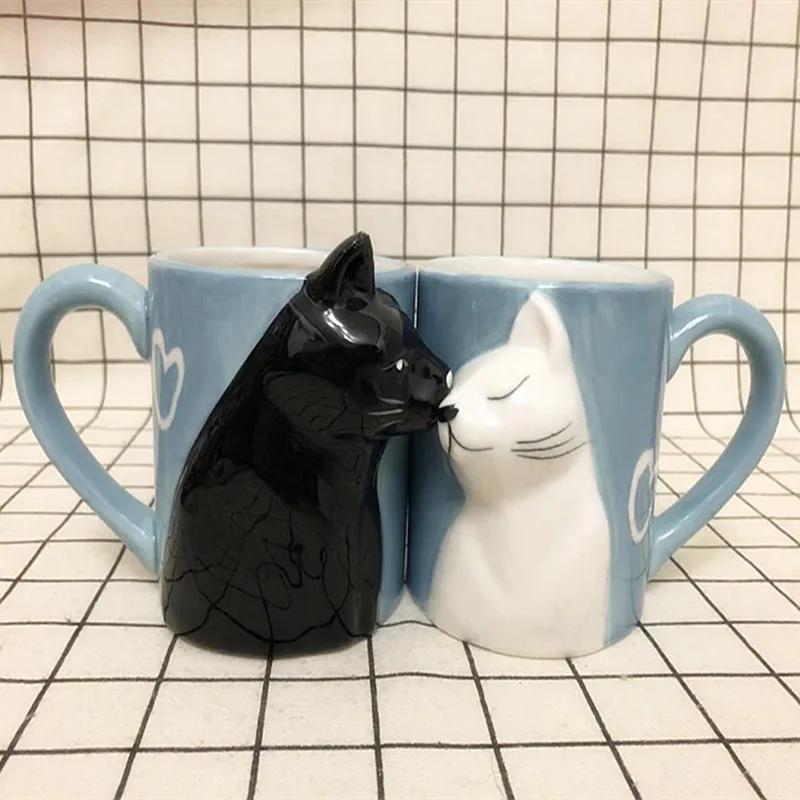 

1pcs Kiss Cat Ceramic Mugs for Couples, Married Mugs, Anniversary Mug, Morning Milk Coffee, Tea cup Breakfast, Valentines Day, 350ml