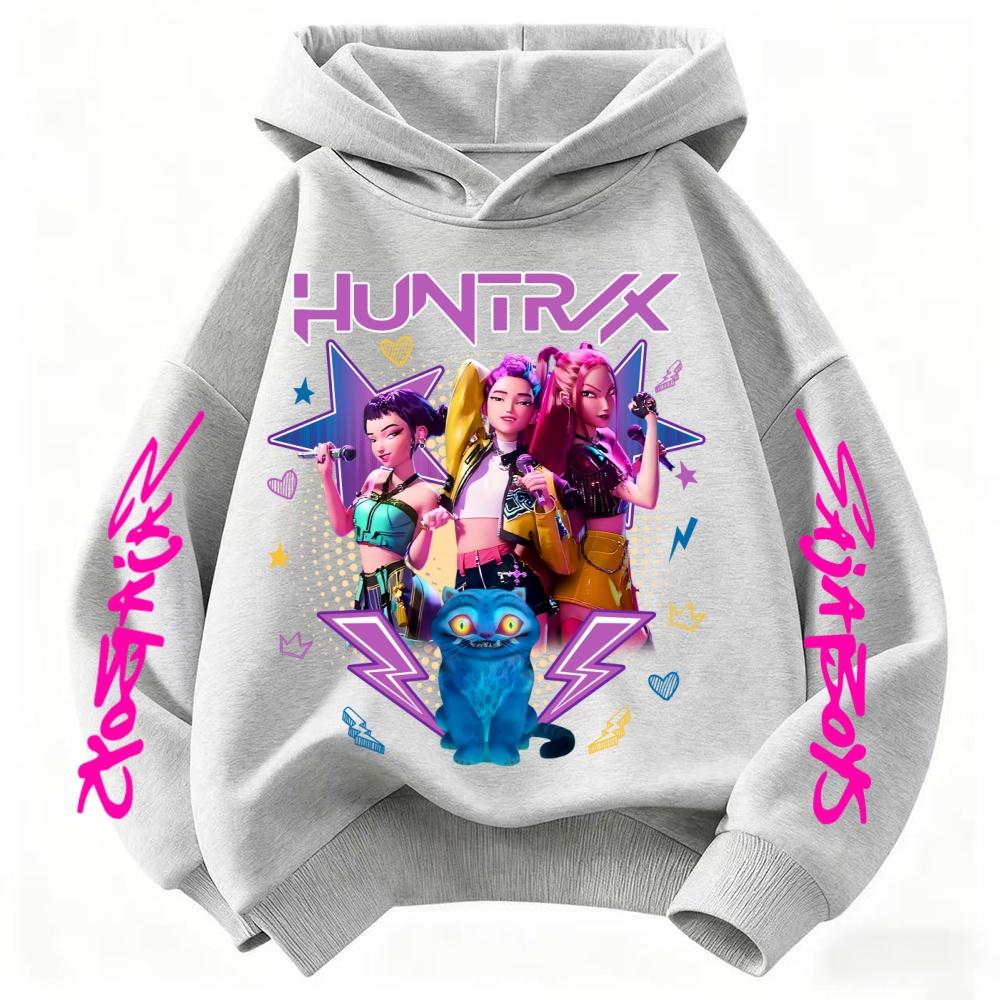 Demon Hunter Print Girl's Hooded Streetwear Autumn Cute Anime Pullover Kids Y2K Kawaii Long Sleeved Clothes