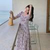 New French bubble sleeve split chiffon oil painting lavender spring summer autumn floral retro dress explosion