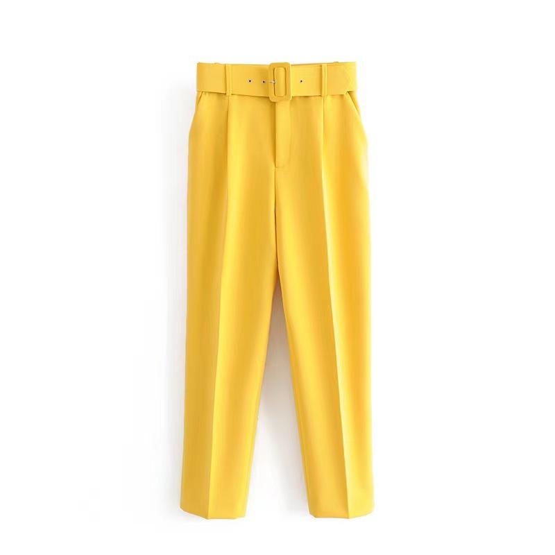 New Women's Casual Pants, Slim Fit Straight Leg Stretch Trousers with Belted Waist, Solid Color Office Wear Cropped Pants