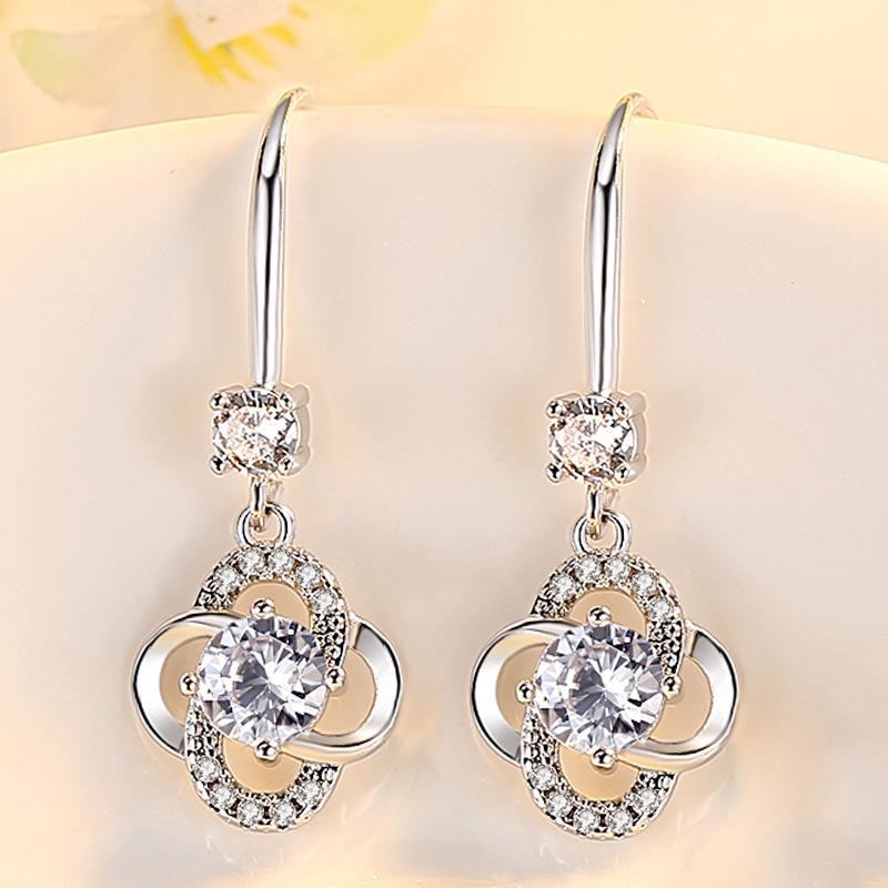Korean Style Four-Leaf Clover Zirconium Earrings – Trendy Fashion Ear Hooks