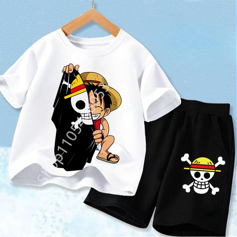 Set di Vestiti Estivi a Maniche Corte Anime Ragazzo Ragazza T-shirt Pantaloncini 2pz Un Pezzo Outfit per Bambini Chopper Luffy Tuta Completo Bambini