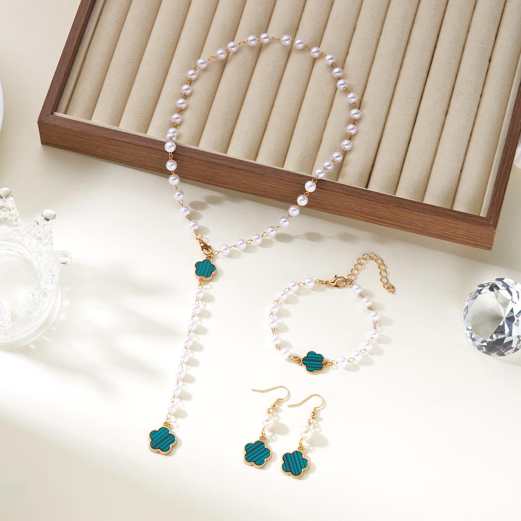 3 Pcs/Set Popular Flower Jewelry Set for Women Elegant Imitation Pearl Beads Chain Necklace&Bracelet Drop Earrings Jewelry Gift