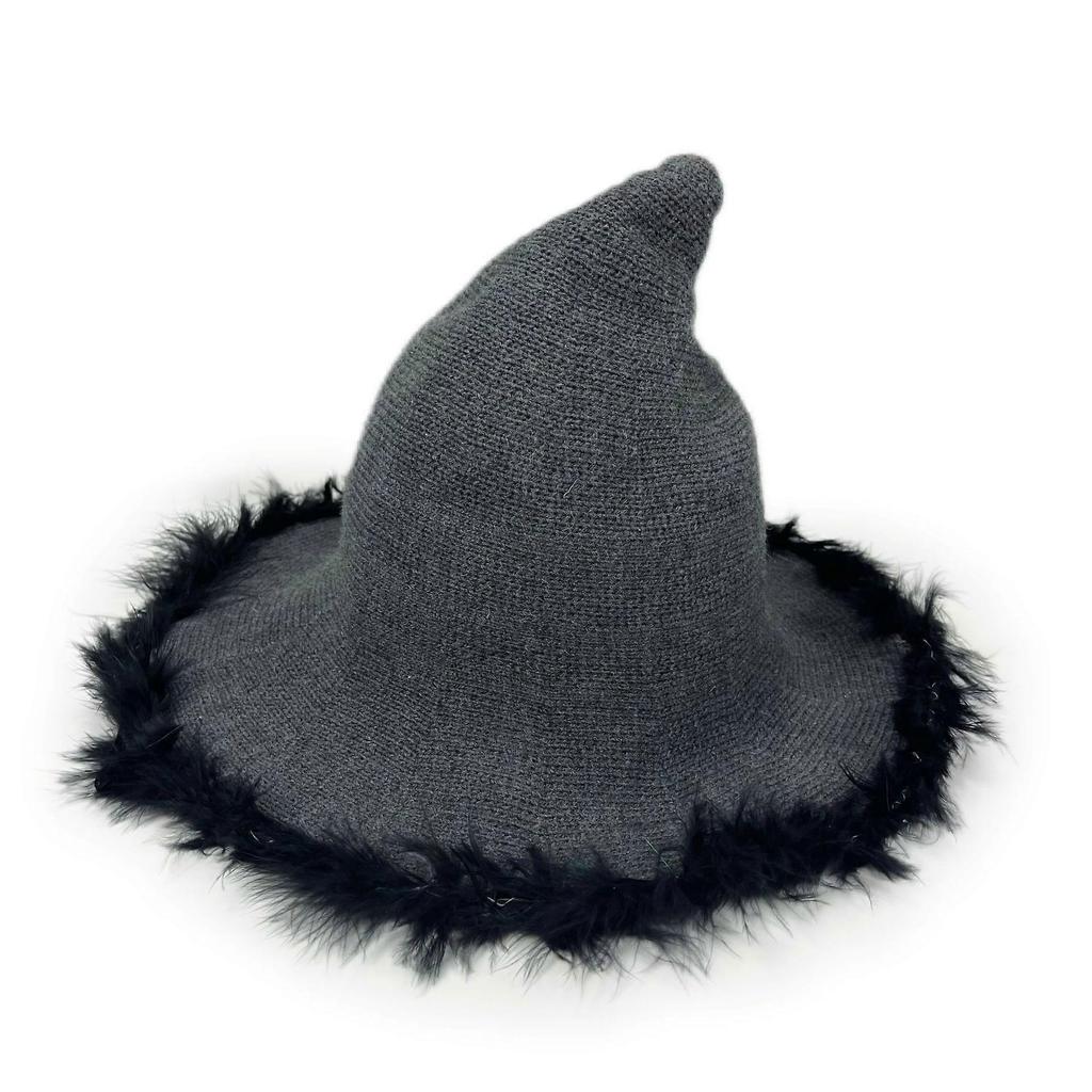 Halloween Beanie Witch Hats Women Plush Trim Wide Brim Pointed Cap Masquerade Cosplay Party Hats Costume Accessory Multi-color Optional
