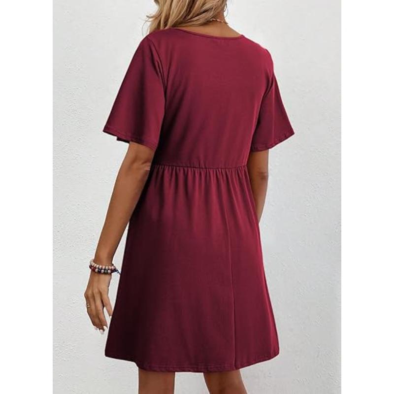YYFS Women's Fashion Summer Spring Flower Pattern Print Short Sleeve V-Neck High Waist Casual Dresses
