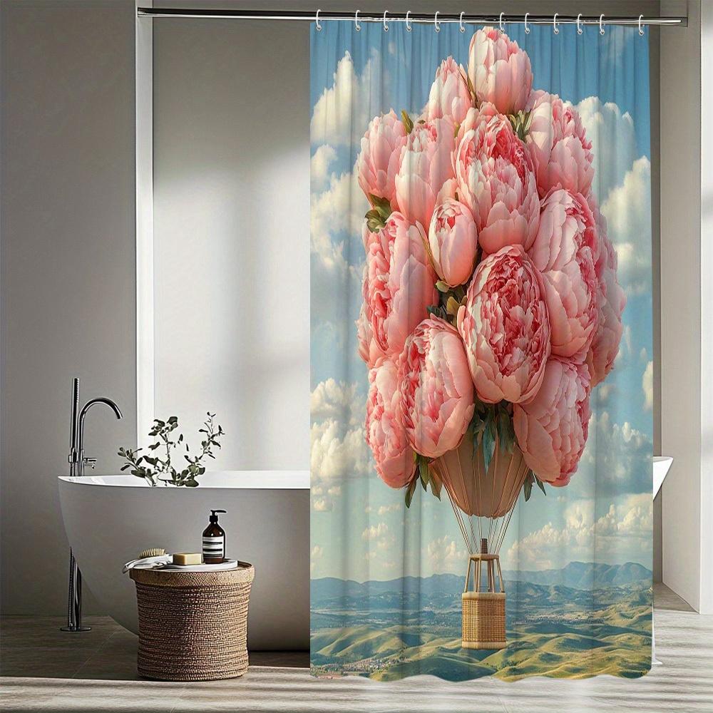 1Pc. Floral Hot Air Balloon Shower Curtain, Elegant Pink Peony, Romantic Scenery, Bathroom Decor, Polyester Fabric, Includes