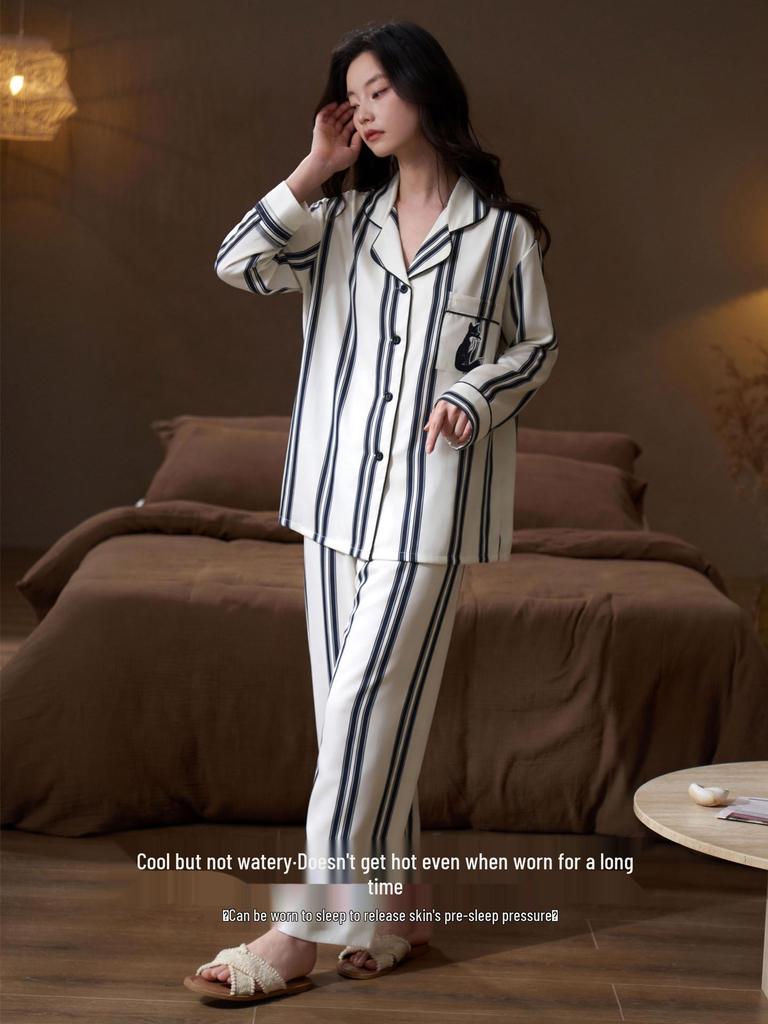 Women's Striped Thin Ice Silk Pajama Set, Long Sleeve, Spring/Autumn Style, High-End Feel for Indoors or Outdoors