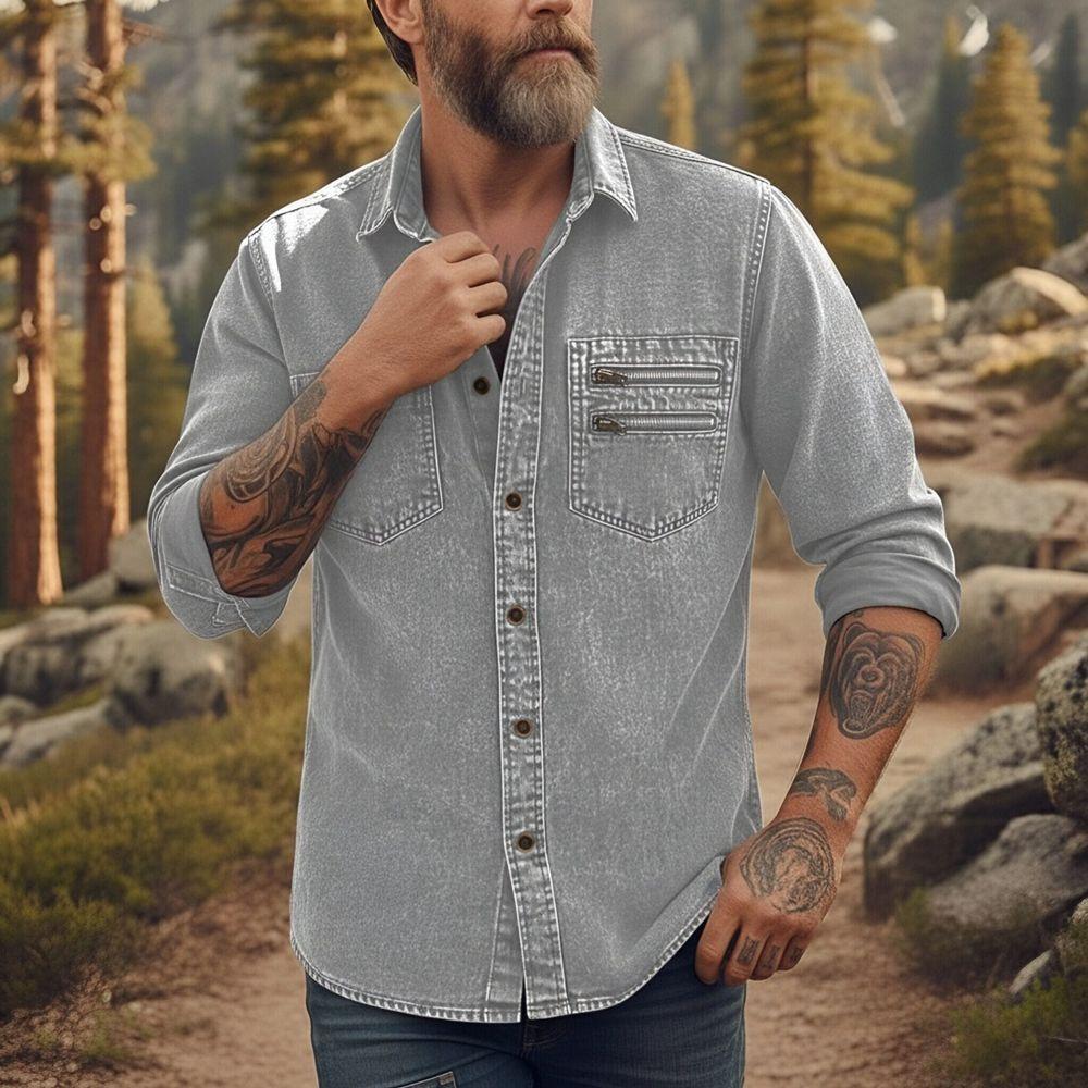 Men's Casual Workwear Denim Shirt Solid Color Washed Button Up Long Sleeve Shirt with Dual Chest Pockets