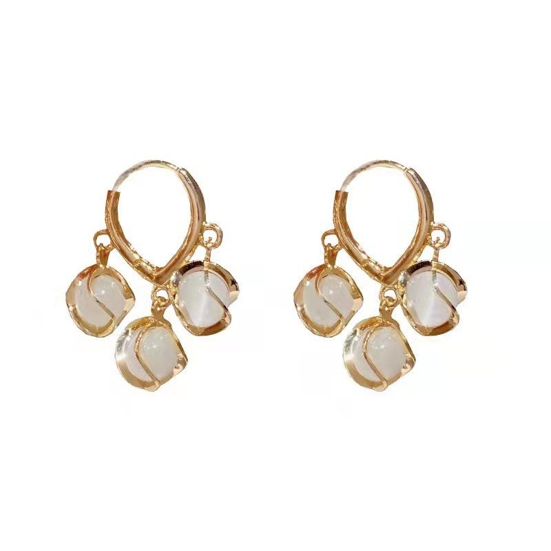 

Gold Tone Hoop Earrings with Three Dangle Beads Each Lightweight Metal Alloy Jewelry Accessories for Everyday Wear One Size