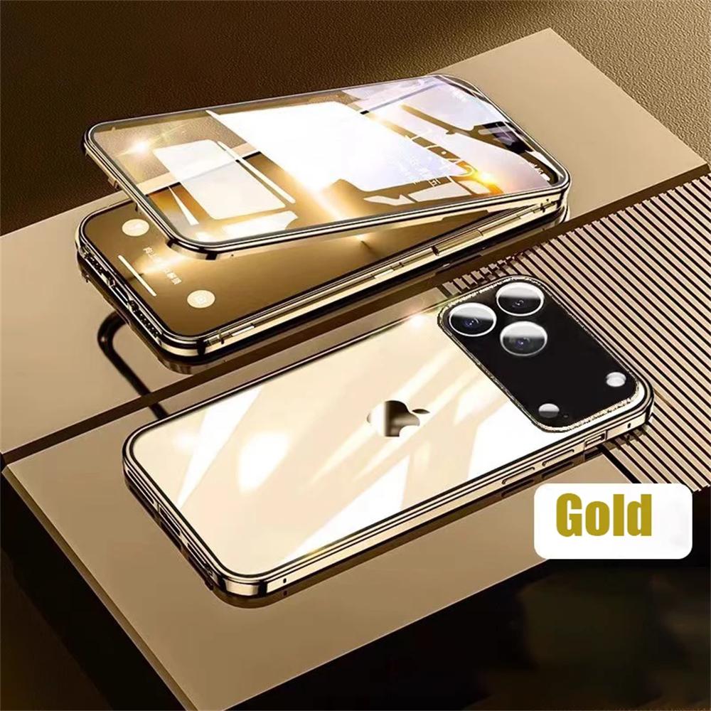 360 Full Protection Metal Magnetic Double-Sided Glass Snap Lock Phone Case For iPhone 17 Air 16 15 14 13 12 11 Pro Max Lens Protection Cover