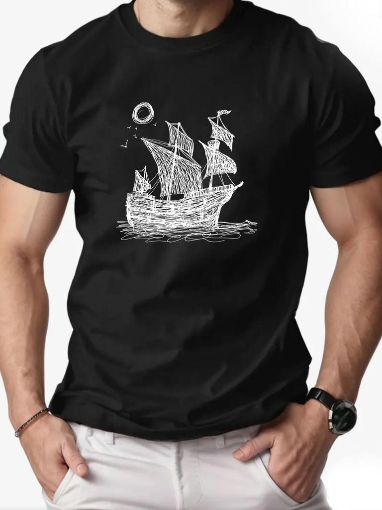 Summer Unisexs 100 Cotton Casual Loose Ship Pattern Printed Comfortable Sports Round Neck Short Sleeve Tshirt Top