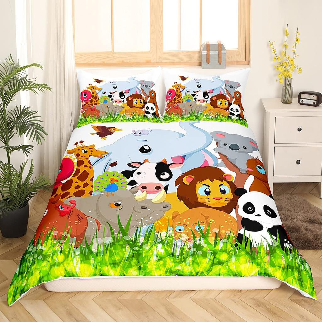 Zoo Theme Duvet Cover Set Animals Pattern Polyester Comforter Cover King Queen Size Cartoon Cute Animals For Kids Bedding Set