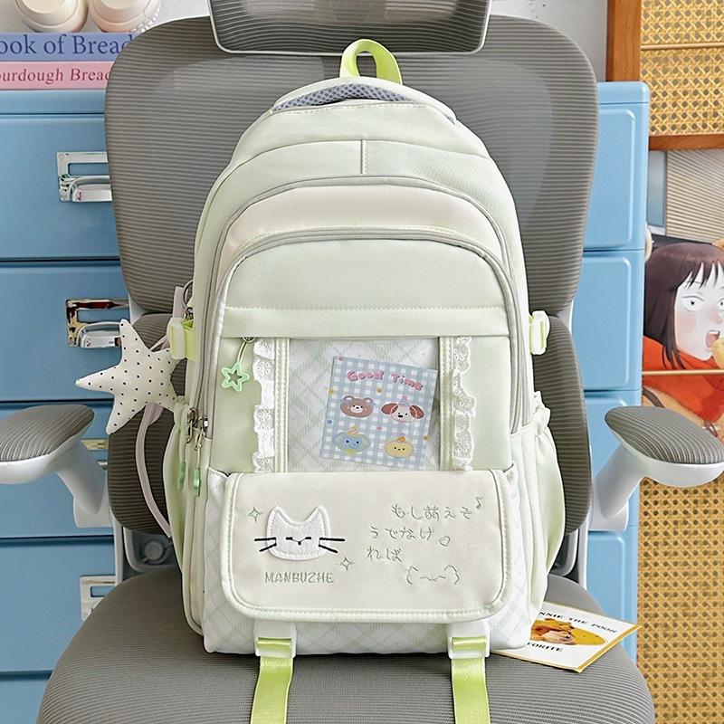 Schoolbag Japanese School Bag Female Cat Letter Plaid Large Capacity Backpack Sweet Versatile Junior High School Girls Light Backpack