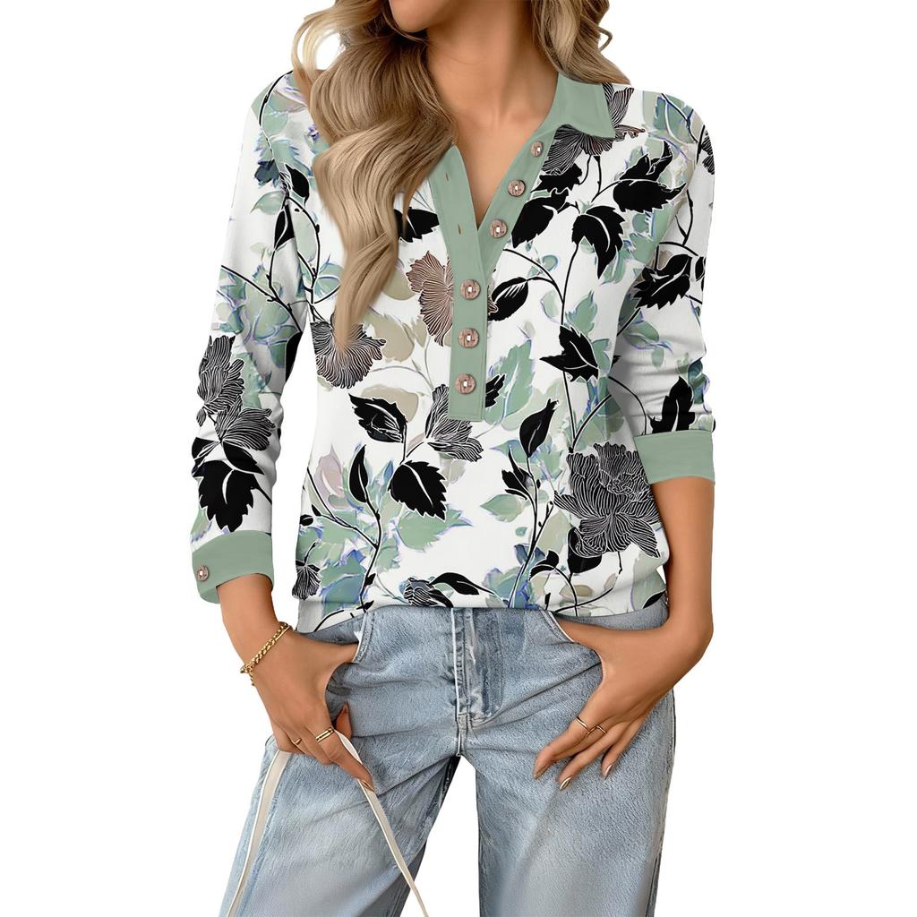Women's Retro Street Lazy V,neck Long Sleeve Button Floral Print Pullover Top