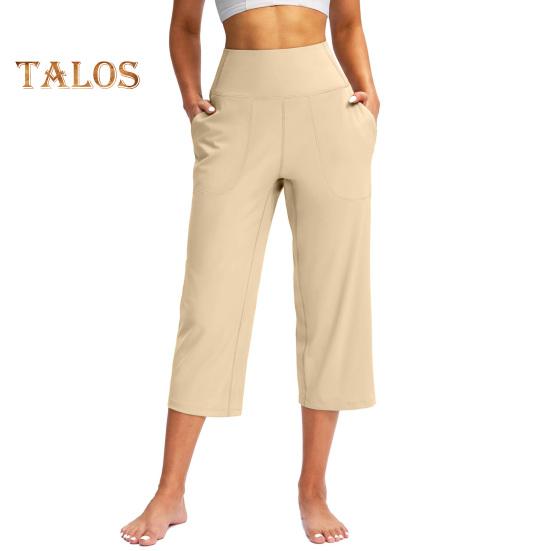 Women Yoga Pants Elastic High Waist Loose Leg Cropped Trousers with Pockets Sporty Casual Style Pants