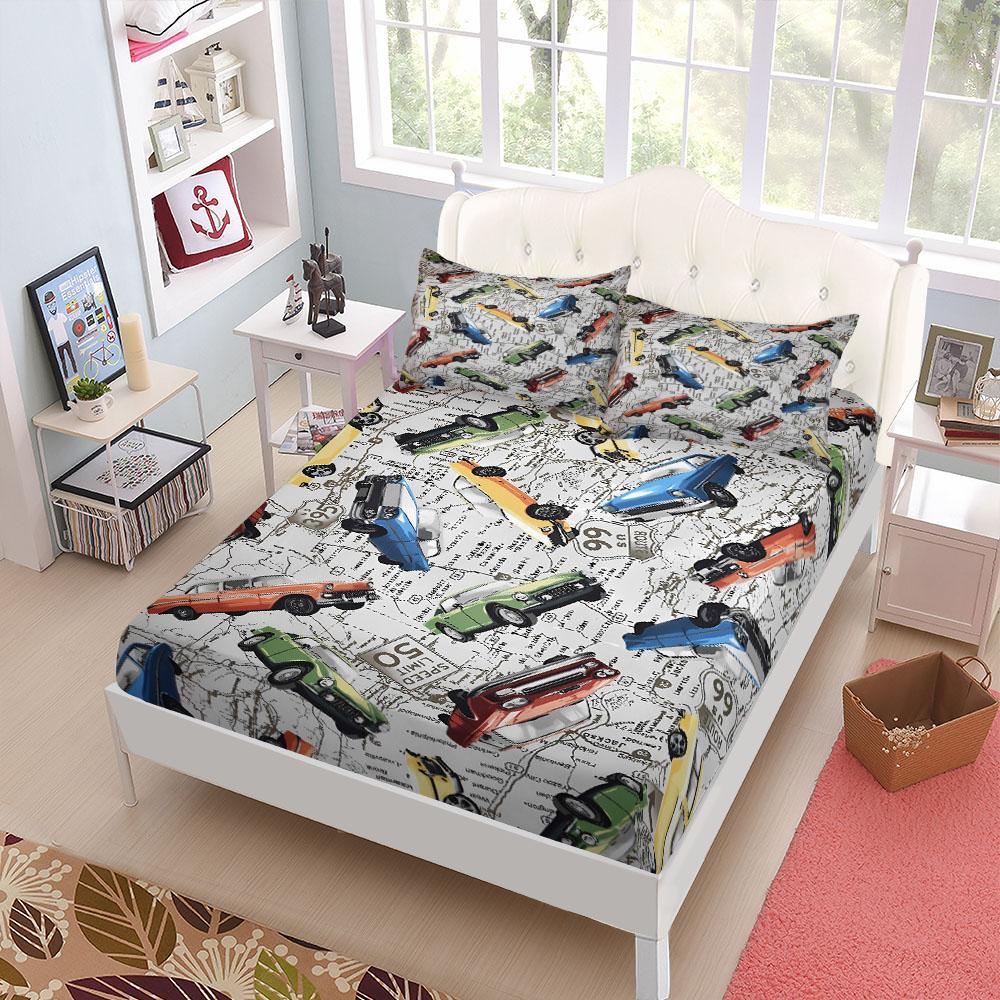 Retro Cars Fitted Sheet Set King Queen Double Full Size Bed Linen Set