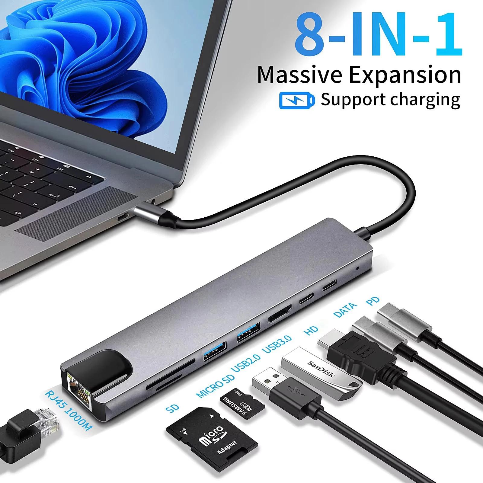

Концентратор USB C 8 в 1 Адаптер Type C к 4K HDTV с RJ45 Картридер SD/TF Быстрая зарядка для MacBook Ноутбук Компьютер на Windows