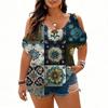 Women's Fashion Short Sleeve Cold Shoulder Top Casual Printed Blouse for Work Daily Wear Soft Fabric Comfortable Fit