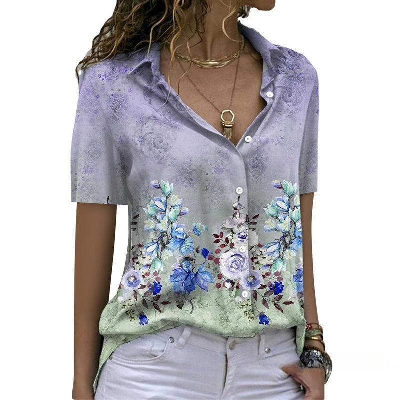Women's Printed Short-sleeved Single-breasted Shirt Lapel Slim Fashion Shirt