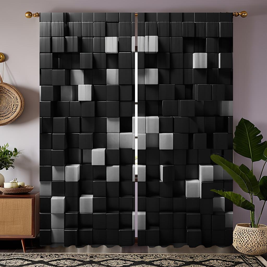 2pcs Set Modern Geometric Curtains Black & White Rod Pocket Design for Easy Hanging for Living Room Bedroom Kitchen Window Drape