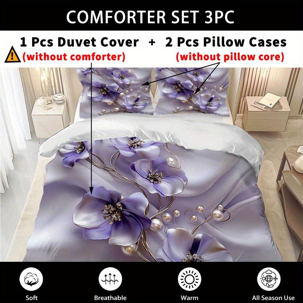 3-teiliges Hellviolettes Bettwäscheset Perlenblumen-Druck Gemütlicher Bettbezug King Queen Twin Größe Geburtstagsgeschenk für Erwachsene Schlafzimmerdeko