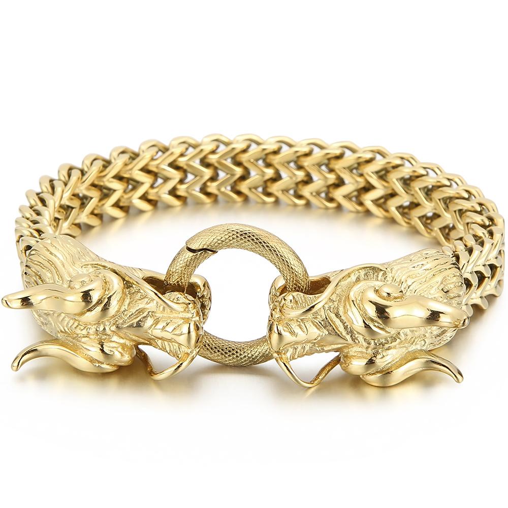 Steampunk Skull Lion Dragon Head Bracelet for Man Waterproof 18K Gold Color Stainless Steel Men's Hand Bracelets Gothic Jewelry