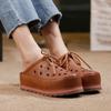 Hollowed Out Thick Soled Outdoor Fashionable Slippers Genuine Leather Round Toe Women's Slip-on Shoes