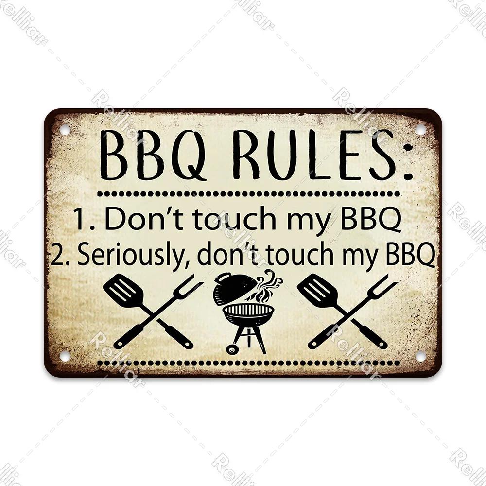 BBQ Party Metal Tin Plaque Retro Yard Garden Wall Decoration Signs Marked Barbecue Rules Slogan Plate Vintage Grill Poster