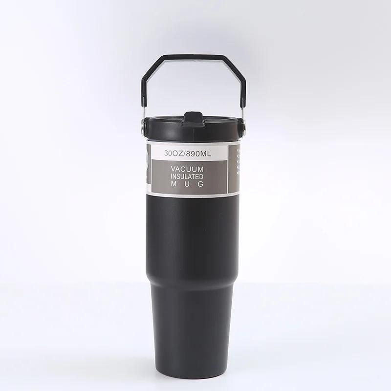 Portable Car Cup Stainless Steel Thermos Cup with Straw & Handle Double Walled Travel Sports Water Bottle Coffee Vacuum Flask