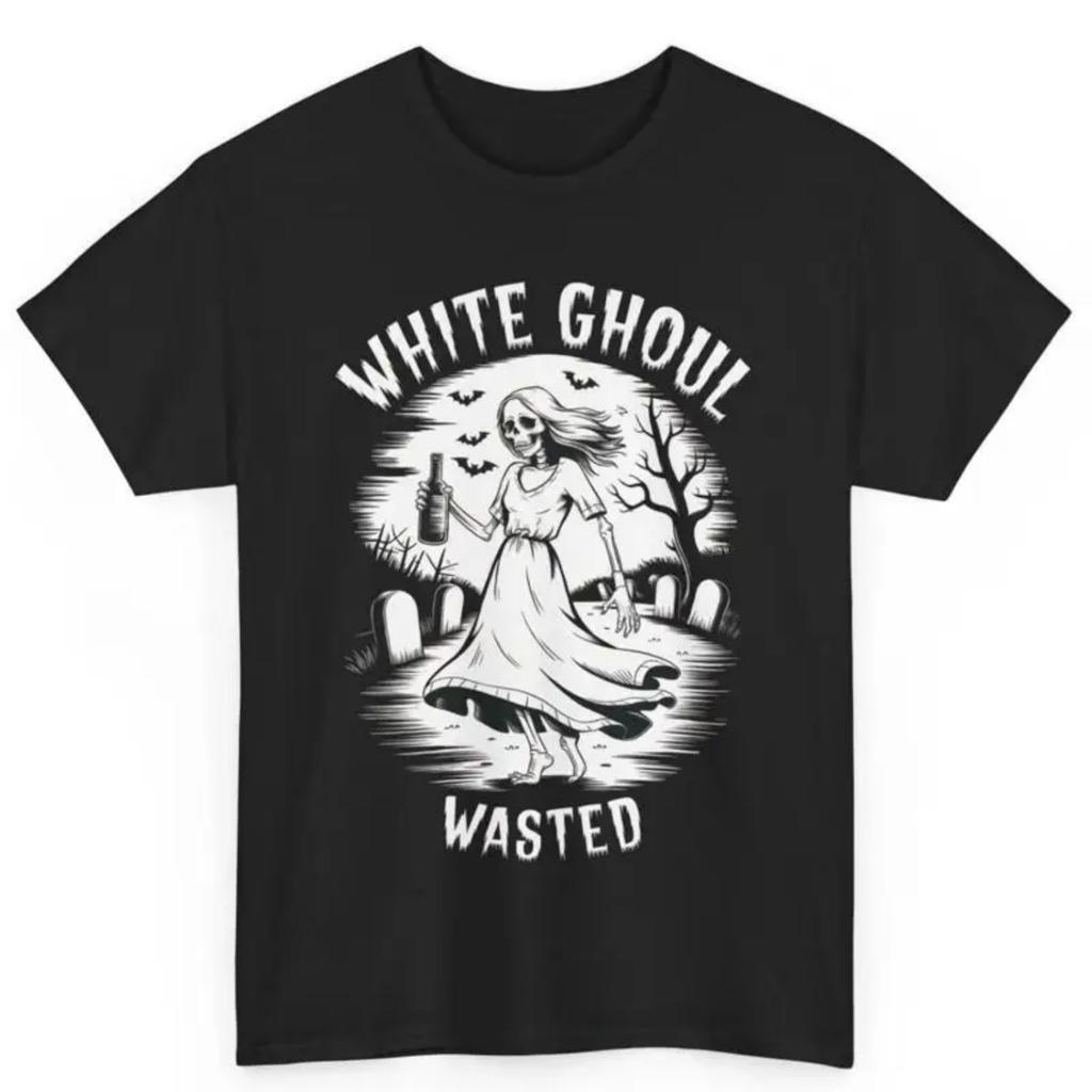 Halloween Weißer Ghul Betrunkener Geist Hexe Skelett Baumwoll T-Shirt