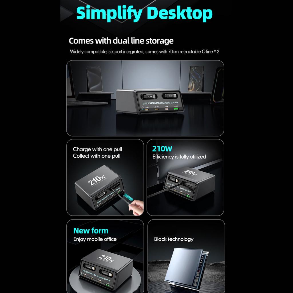 210W 6 Port Desktop Charger with 2 Retractable Type C Cables Multi Port Fast Charging GaN Technology Smart Power